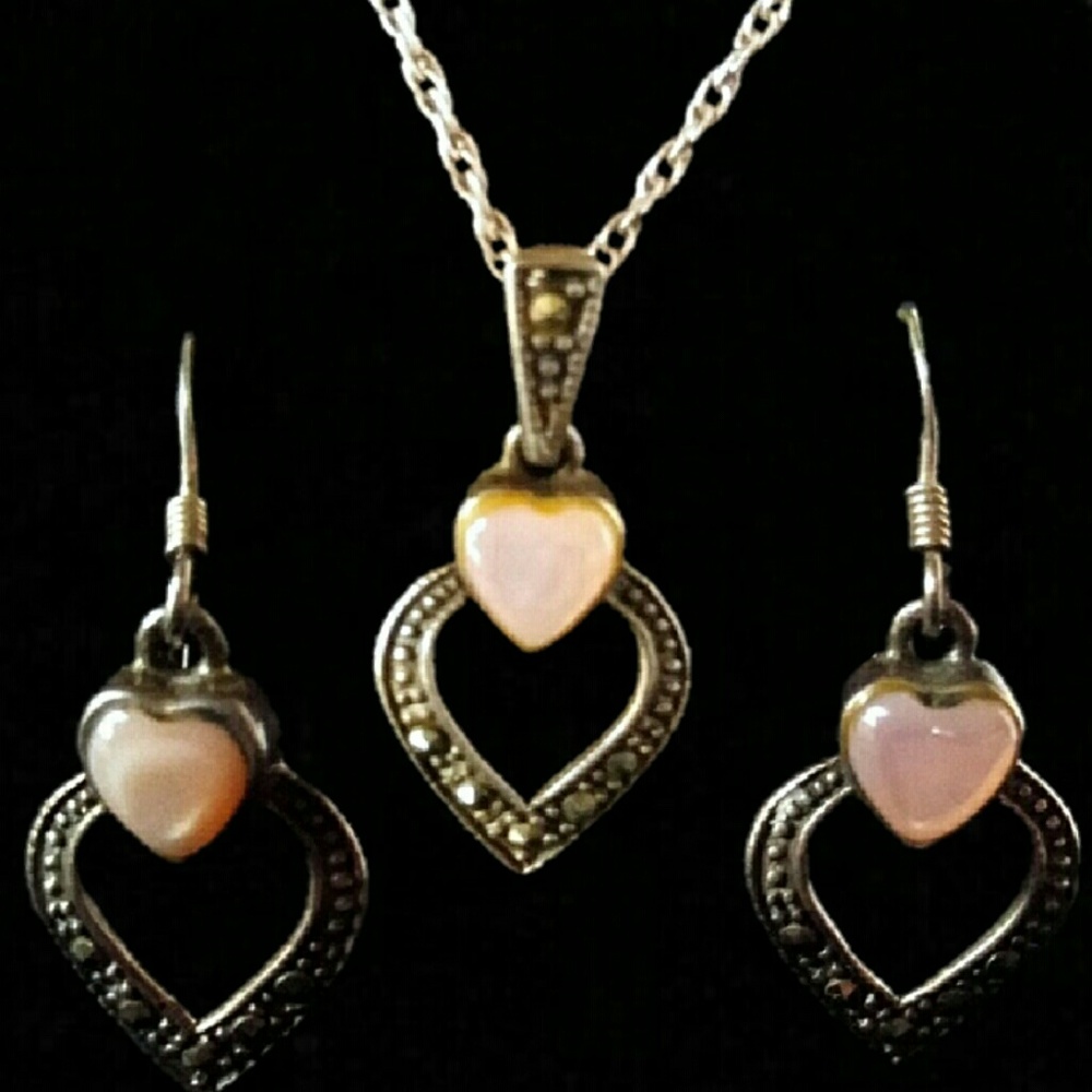 VINTAGE Pink Mussel and Marcasite Silver Heart Set